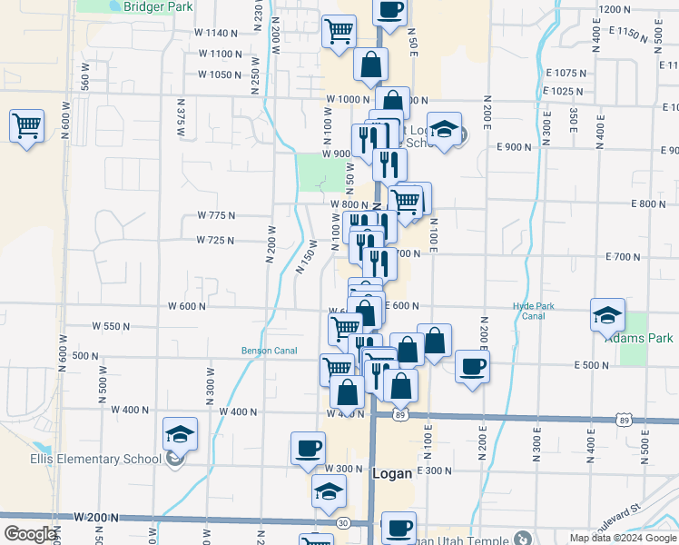 map of restaurants, bars, coffee shops, grocery stores, and more near 660 North 80 West in Logan