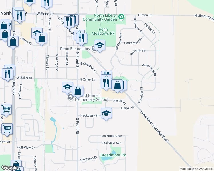 map of restaurants, bars, coffee shops, grocery stores, and more near 125 East Zeller Street in North Liberty