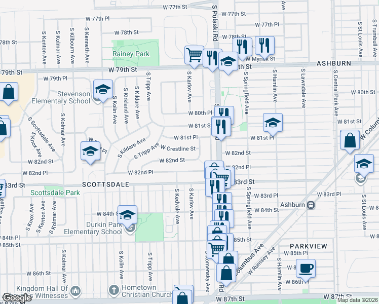 map of restaurants, bars, coffee shops, grocery stores, and more near 4123 South Karlov Avenue in Chicago