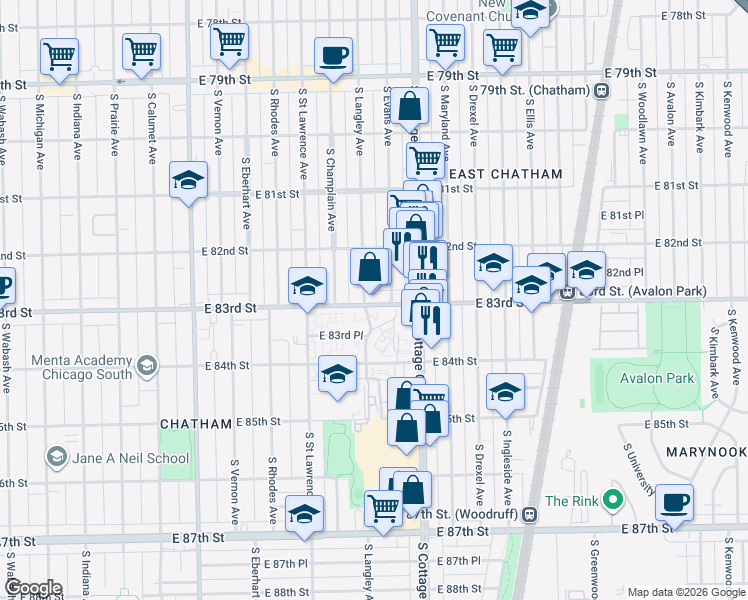 map of restaurants, bars, coffee shops, grocery stores, and more near 8334 South Langley Avenue in Chicago