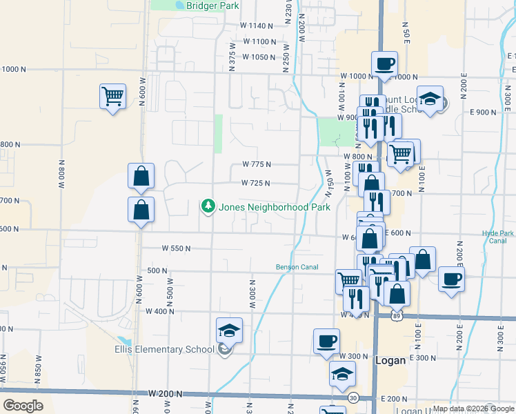 map of restaurants, bars, coffee shops, grocery stores, and more near 257 A W 0600 North in Logan