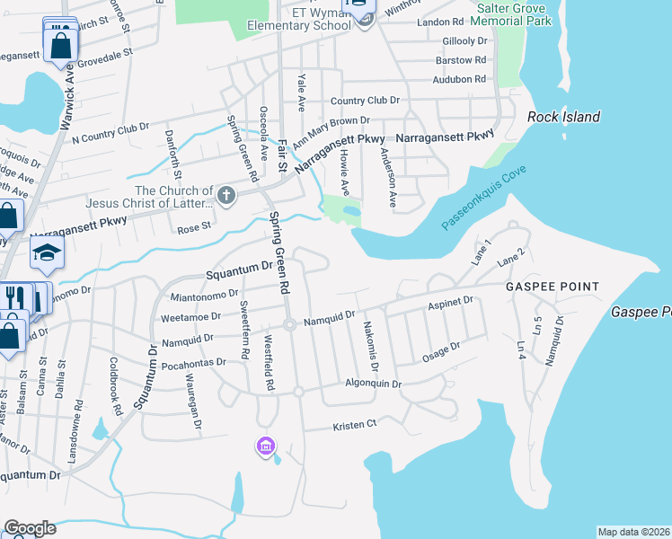 map of restaurants, bars, coffee shops, grocery stores, and more near 5 Wildrose Court in Warwick