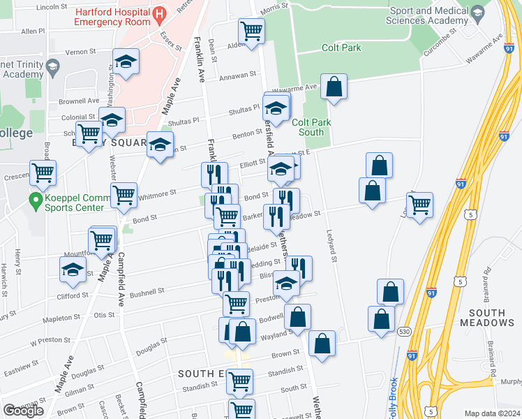 map of restaurants, bars, coffee shops, grocery stores, and more near 453 Wethersfield Avenue in Hartford