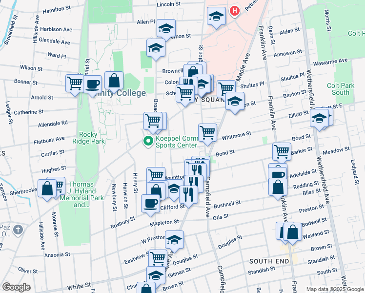 map of restaurants, bars, coffee shops, grocery stores, and more near 66 Julius Street in Hartford