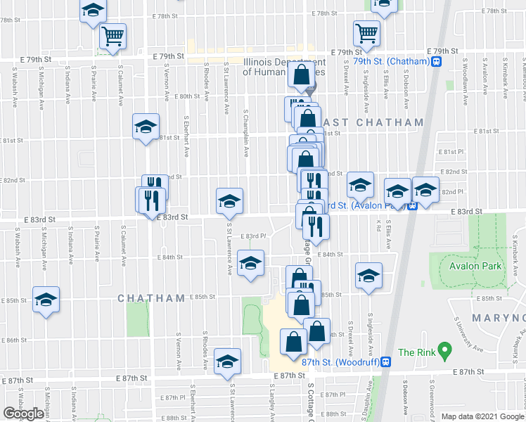 map of restaurants, bars, coffee shops, grocery stores, and more near 8306 South Langley Avenue in Chicago