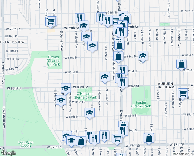 map of restaurants, bars, coffee shops, grocery stores, and more near 8242 South Hermitage Avenue in Chicago