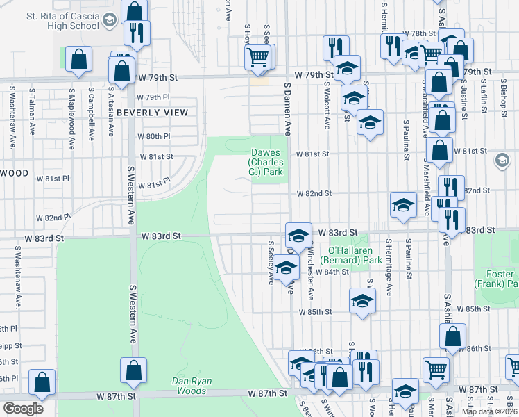 map of restaurants, bars, coffee shops, grocery stores, and more near 2049 West 82nd Place in Chicago