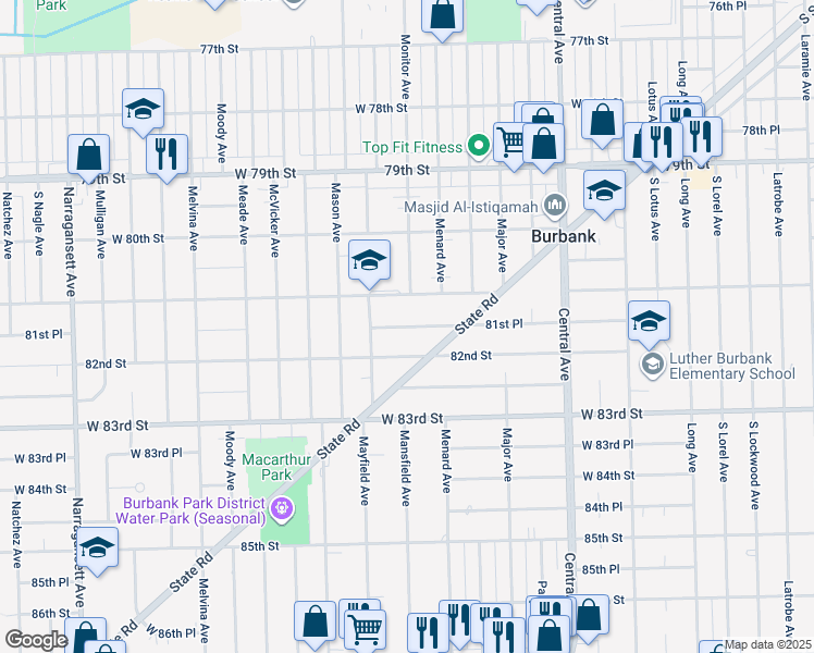 map of restaurants, bars, coffee shops, grocery stores, and more near 5828 82nd Street in Burbank