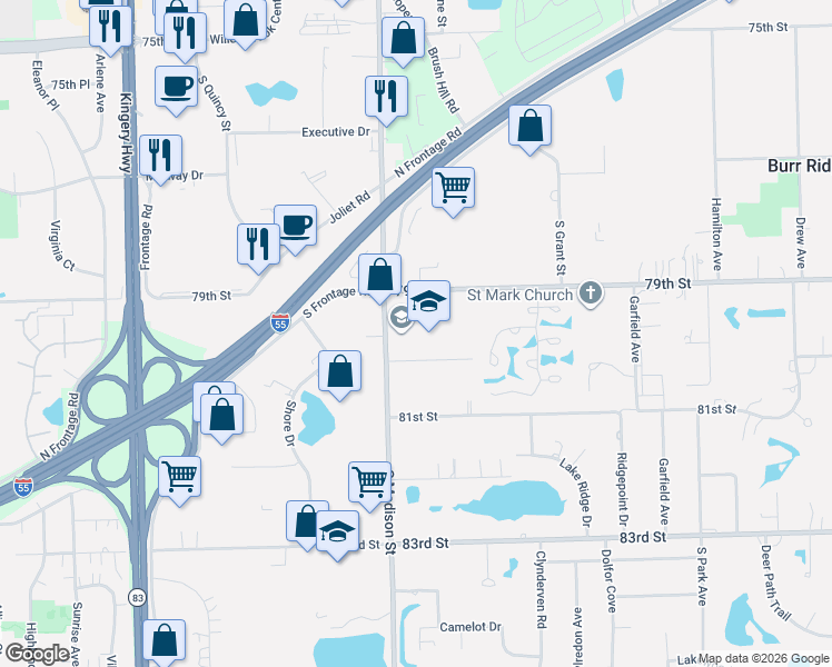 map of restaurants, bars, coffee shops, grocery stores, and more near 7941 South Madison Street in Burr Ridge