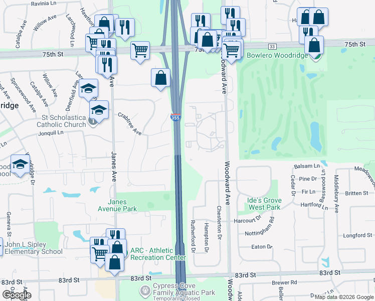 map of restaurants, bars, coffee shops, grocery stores, and more near 2220 Country Club Drive in Woodridge