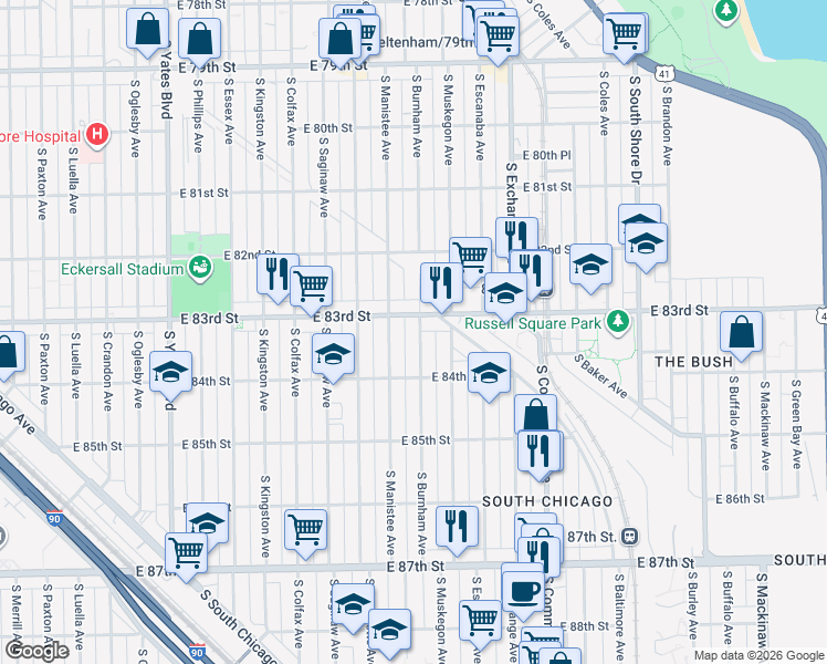 map of restaurants, bars, coffee shops, grocery stores, and more near 8312 South Burnham Avenue in Chicago