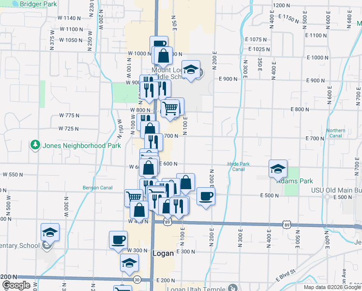 map of restaurants, bars, coffee shops, grocery stores, and more near 629 North 100 East in Logan