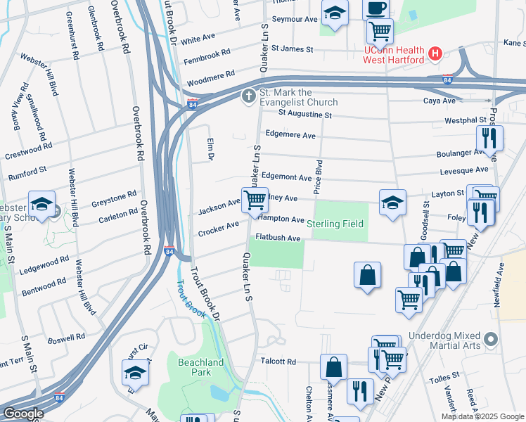 map of restaurants, bars, coffee shops, grocery stores, and more near 183 Hampton Avenue in West Hartford