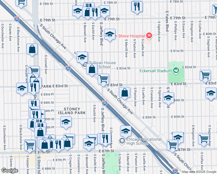 map of restaurants, bars, coffee shops, grocery stores, and more near 8312 South South Chicago Avenue in Chicago