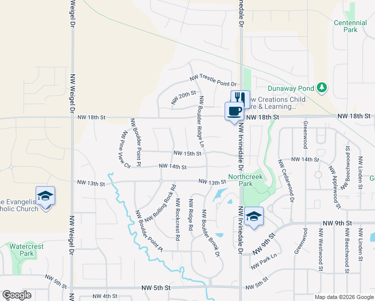 map of restaurants, bars, coffee shops, grocery stores, and more near 1603 Northwest Ridge Road in Ankeny