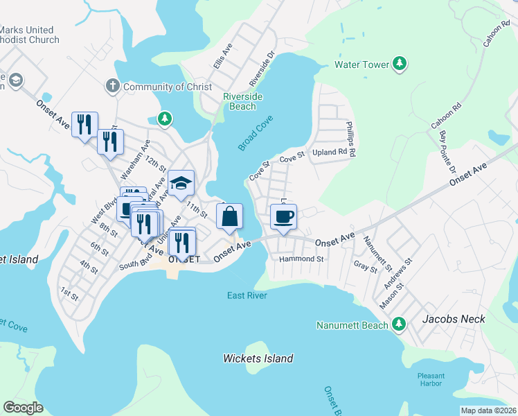 map of restaurants, bars, coffee shops, grocery stores, and more near 7 North Water Street in East Bridgewater