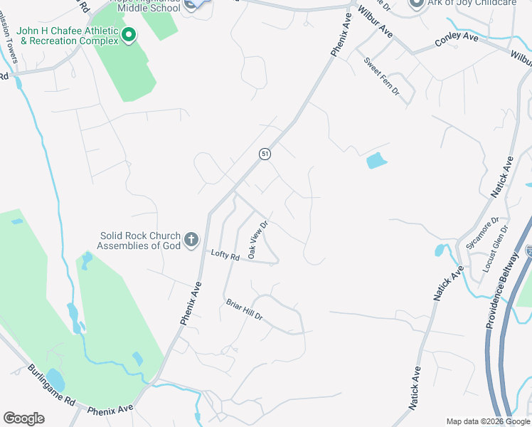 map of restaurants, bars, coffee shops, grocery stores, and more near 2 Oak View Drive in Cranston