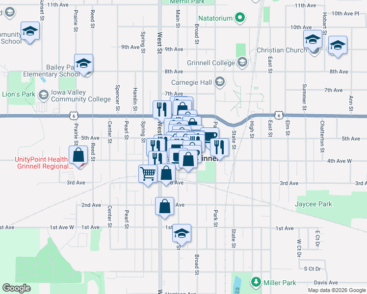 map of restaurants, bars, coffee shops, grocery stores, and more near 801 4th Ave in Grinnell