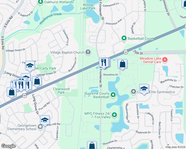 map of restaurants, bars, coffee shops, grocery stores, and more near 3374 Ravinia Circle in Aurora