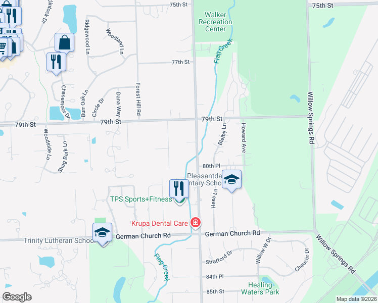 map of restaurants, bars, coffee shops, grocery stores, and more near 8000 Wolf Road in Burr Ridge