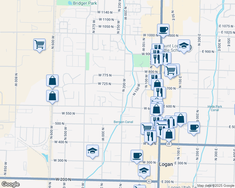 map of restaurants, bars, coffee shops, grocery stores, and more near 230 West 690 North in Logan