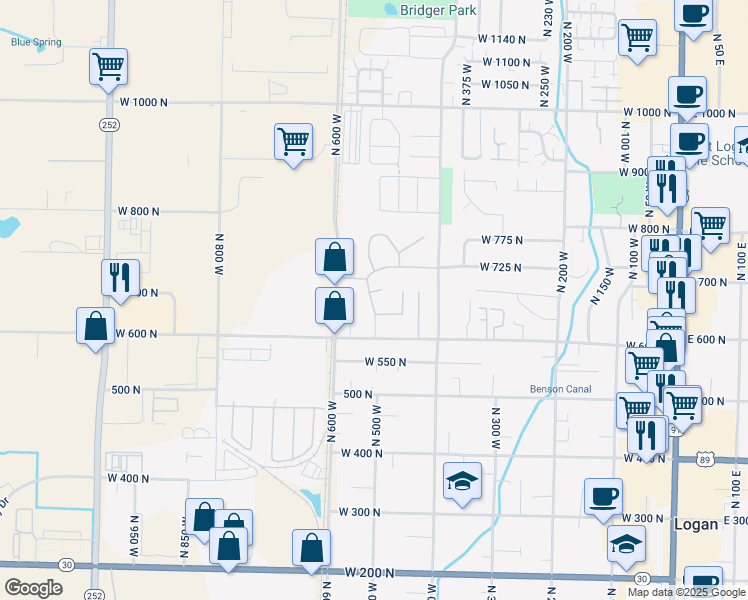 map of restaurants, bars, coffee shops, grocery stores, and more near 482 West 680 North in Logan