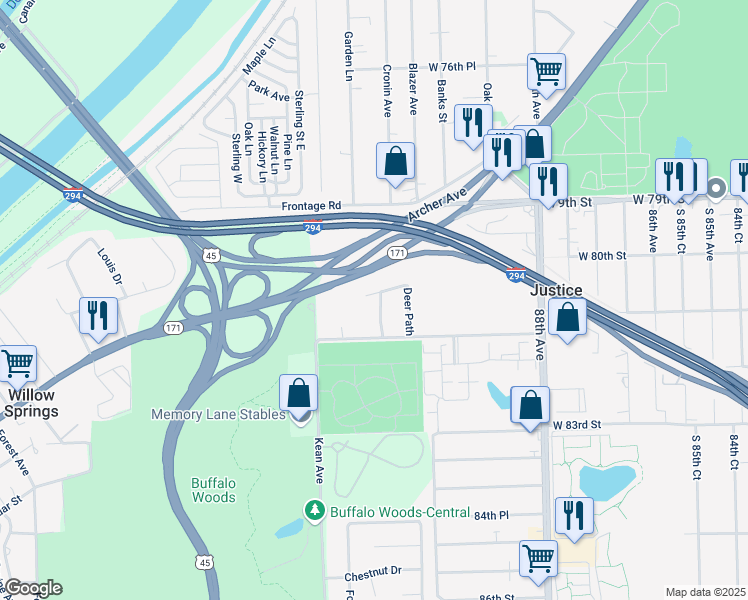 map of restaurants, bars, coffee shops, grocery stores, and more near 8036 Fawn Trail in Justice