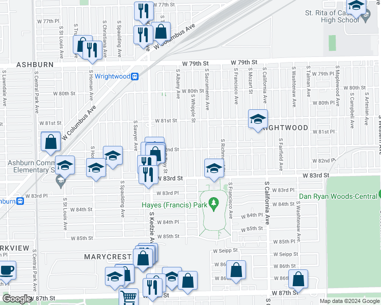 map of restaurants, bars, coffee shops, grocery stores, and more near 8204 South Whipple Street in Chicago
