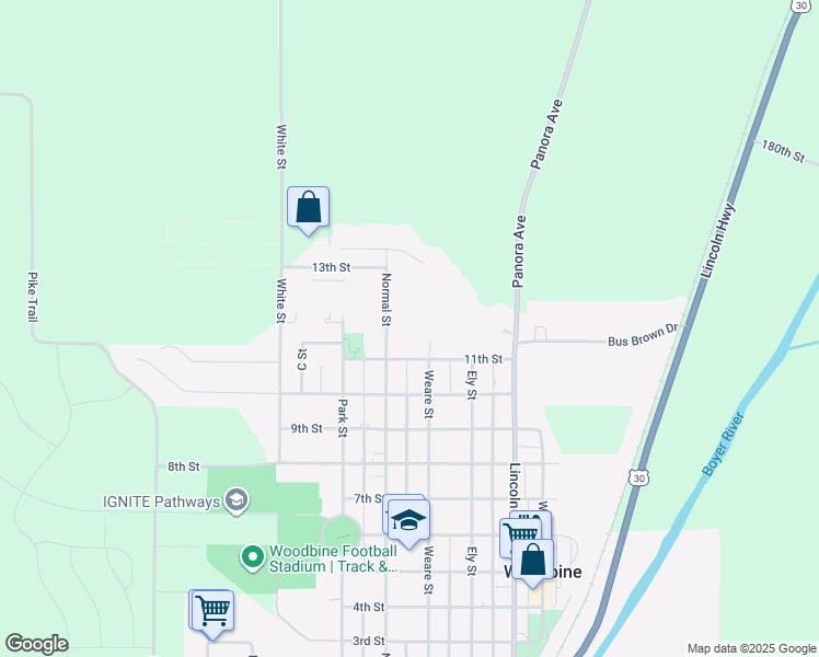 map of restaurants, bars, coffee shops, grocery stores, and more near 33 11th Street in Woodbine