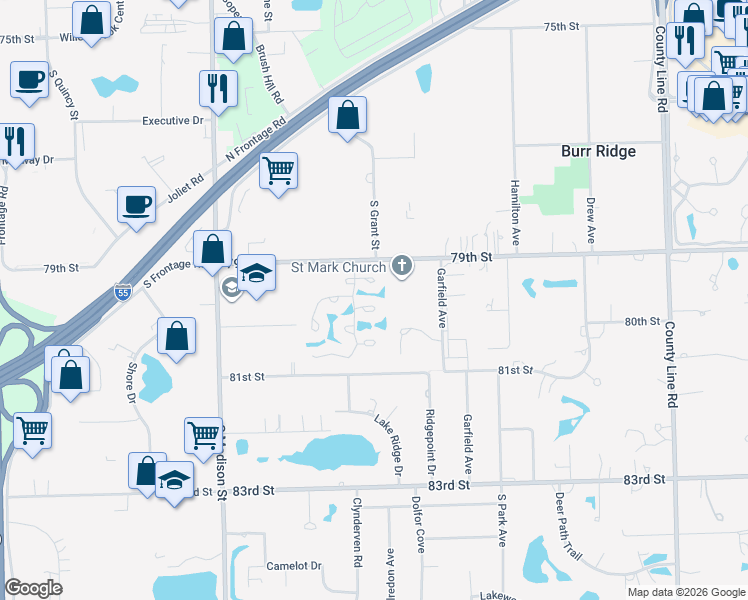 map of restaurants, bars, coffee shops, grocery stores, and more near 49 Chesterfield Court in Burr Ridge