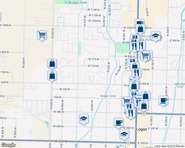 map of restaurants, bars, coffee shops, grocery stores, and more near 322 West 690 North in Logan