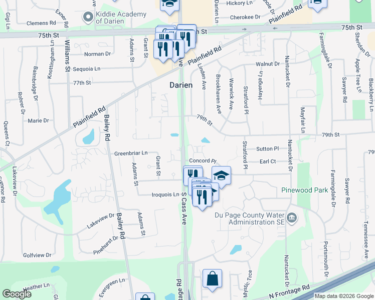 map of restaurants, bars, coffee shops, grocery stores, and more near in Darien