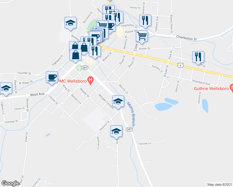 map of restaurants, bars, coffee shops, grocery stores, and more near 56-62 State Highway 287 in Wellsboro