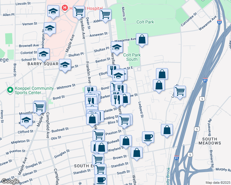 map of restaurants, bars, coffee shops, grocery stores, and more near 453 Wethersfield Avenue in Hartford