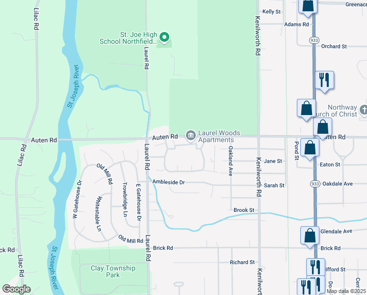 map of restaurants, bars, coffee shops, grocery stores, and more near Ashwood Court in South Bend