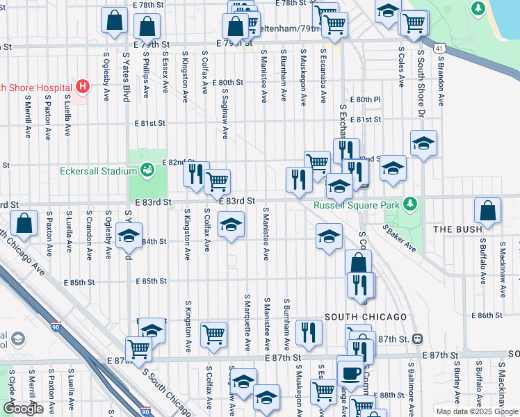 map of restaurants, bars, coffee shops, grocery stores, and more near 8336 South Manistee Avenue in Chicago