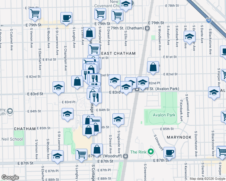 map of restaurants, bars, coffee shops, grocery stores, and more near 8312 South Ingleside Avenue in Chicago