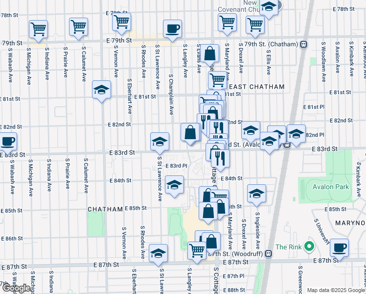 map of restaurants, bars, coffee shops, grocery stores, and more near 8306 South Langley Avenue in Chicago