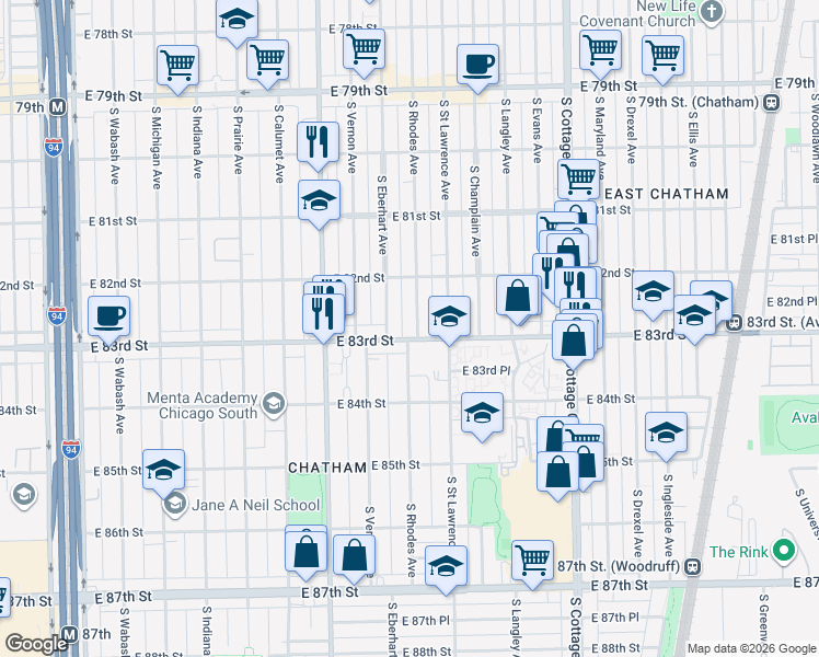 map of restaurants, bars, coffee shops, grocery stores, and more near 505 East 83rd Street in Chicago