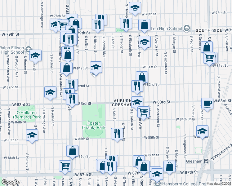 map of restaurants, bars, coffee shops, grocery stores, and more near 8251 South Ada Street in Chicago