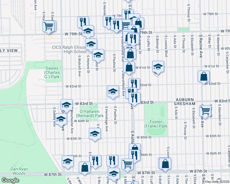 map of restaurants, bars, coffee shops, grocery stores, and more near 8244 South Paulina Street in Chicago