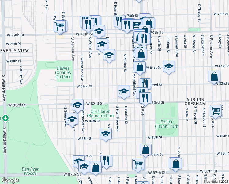 map of restaurants, bars, coffee shops, grocery stores, and more near 8242 South Hermitage Avenue in Chicago