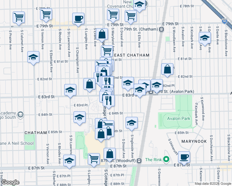 map of restaurants, bars, coffee shops, grocery stores, and more near 8255 South Maryland Avenue in Chicago