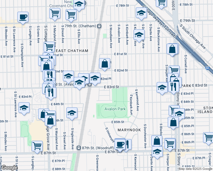 map of restaurants, bars, coffee shops, grocery stores, and more near 1138 East 83rd Street in Chicago
