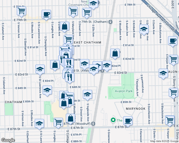 map of restaurants, bars, coffee shops, grocery stores, and more near 8253 South Ingleside Avenue in Chicago