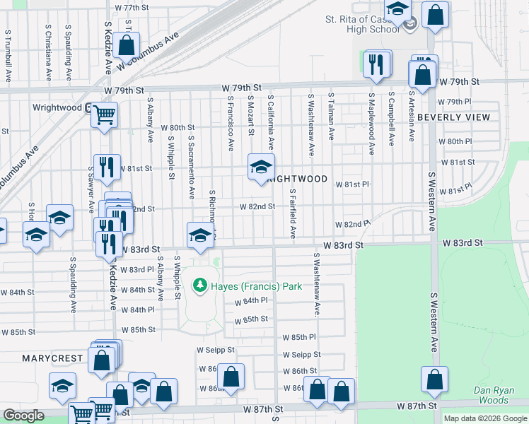 map of restaurants, bars, coffee shops, grocery stores, and more near 8230 South California Avenue in Chicago