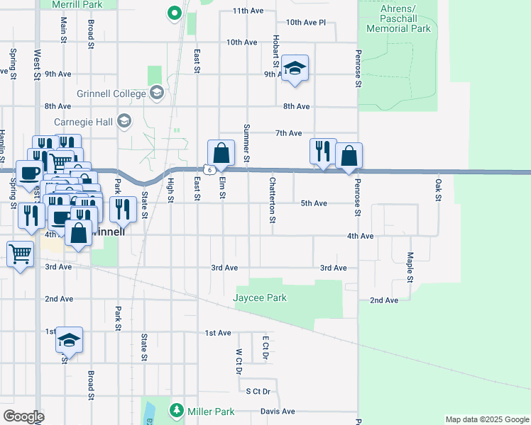 map of restaurants, bars, coffee shops, grocery stores, and more near 901-925 Chatterton Street in Grinnell