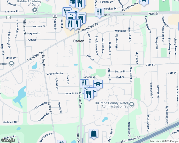 map of restaurants, bars, coffee shops, grocery stores, and more near 1114 Chalet Drive in Darien
