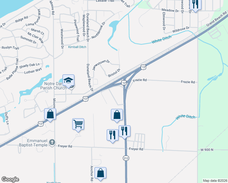 map of restaurants, bars, coffee shops, grocery stores, and more near U.S. Highway 12 in Michigan City