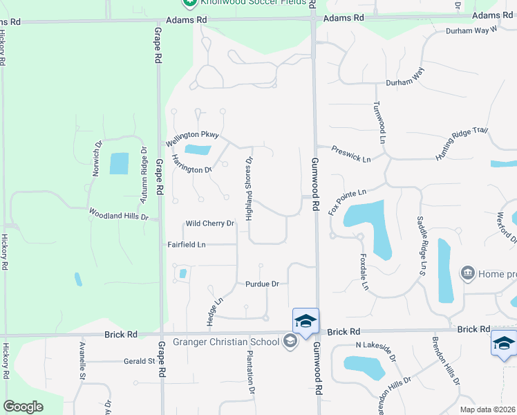 map of restaurants, bars, coffee shops, grocery stores, and more near 51438-51592 Highland Shores Dr in Granger